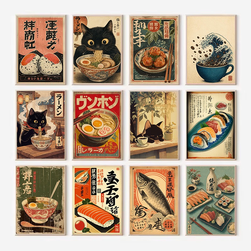 Japanese Lifestyle And Food - โปสเตอร์ภาพวาดบนผ้าใบลายอาหารญี่ปุ่นวินเทจ เช่น ข้าวม้วน ซาชิมิ ราเมน ซูชิ