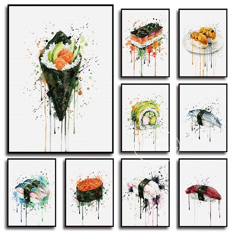 Japanese Lifestyle And Food - ภาพวาดสีน้ำอาหารญี่ปุ่น ซูชิปลาไหล นิกิริ สลัดสาหร่าย กุนคันมากิ โปสเตอร์